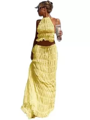 2pcs Outfit Summer Co-ord Skirt Set Halterneck Backless Pleated Ruffle Crop Tank Top + Long Maxi Skirt Beach Cover Ups