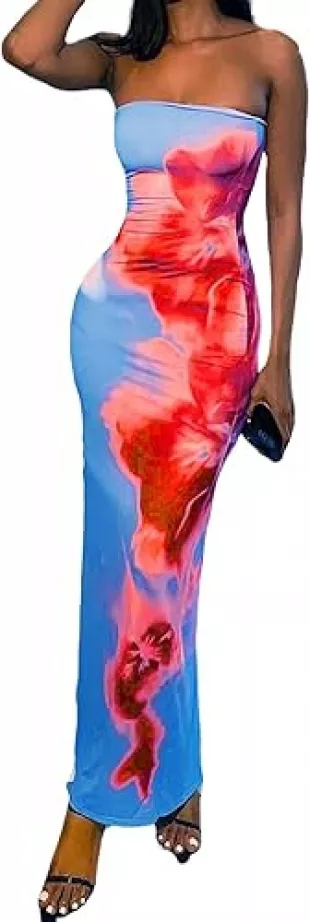 Floral Print Tube Bodycon Long Dress Strapless Sleeveless Summer Maxi Dresses