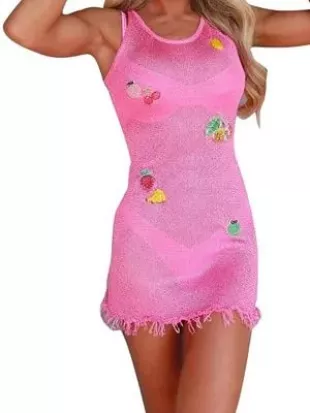 Y2K Knitted Tank Dress Sleeveless Round Neck Fruit Patchwork Mini Dress Summer Bikini Cover Up