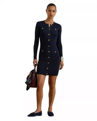 Button Trim Rib Knit Sweater Dress