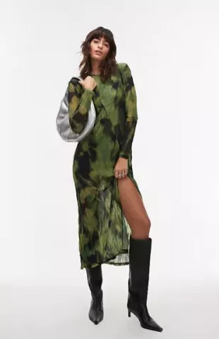 Blurred Floral Long Sleeve Midi Dress