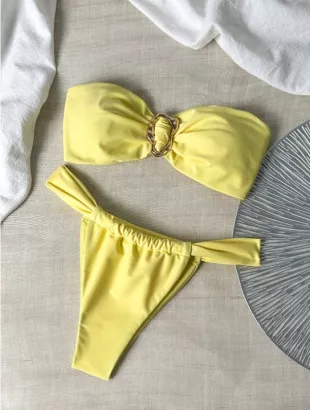 Solid Color Metal Decor Bandeau Bikini Top