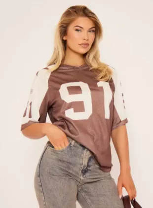 Short Sleeve Contrast Detail Oversized Football Jersey Top