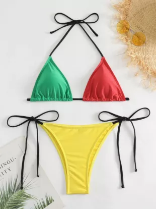 New Arrival Women's Red/green/yellow Color Block String Bikini For Sports
