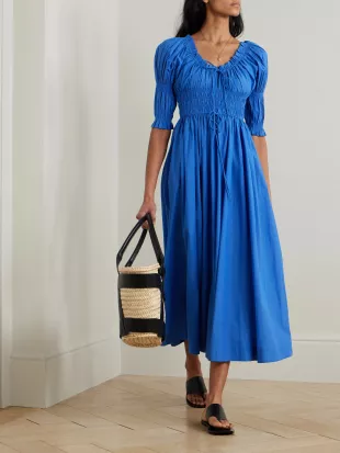 Ischia shirred Organic Cotton-blend Voile Midi Dress