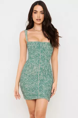 Cate Ivy Print Ruched Mesh Mini Dress