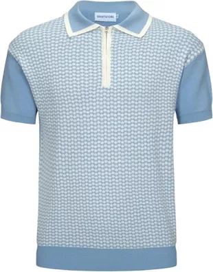 Zipper Retro Polo Shirt Textured Casual Knit Short Sleeve Blue Polo T Shirt