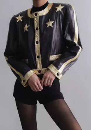 Documented 1990’s Leather Black With Gold Stars Cropped Jacket