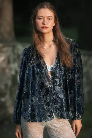 The Estela Burnout Sheer Printed Blouse in Blue Pattern