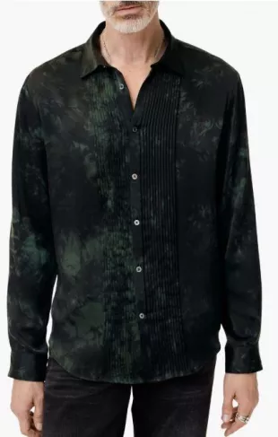 Pleated Front Silk Button-Up Shirt