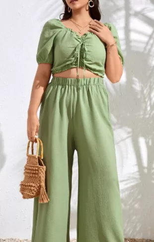 Dreamara Plus Drawstring Front Crop Top & Wide Leg Pants