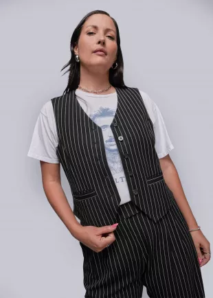 The Empower Pinstripe Vest in Black Stone