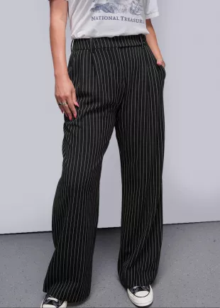The Empower Pinstripe Wide Leg Trouser in Black Stone