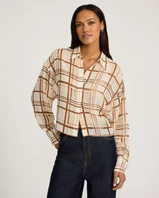 Sheer Plaid Cropped Boyfriend Shirt in Print 82