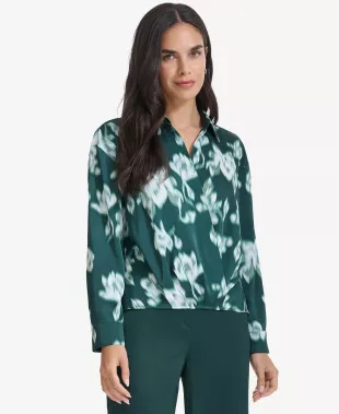 Printed Faux-Wrap Collared Top