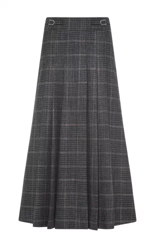 Wesley Pleated Midi Skirt in Charcoal Wool Silk Clubcheck Plaid