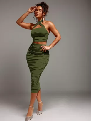 Silquee Crisscross Halter Top & Ruched Pencil Skirt