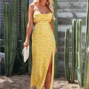 Yellow Slit Maxi Dress Spaghetti Strap