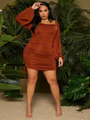 SXY Plus Square Neck Drawstring Side Dress