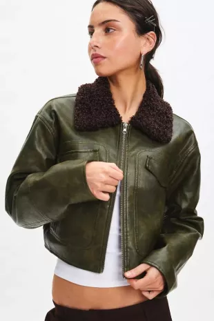 Janine Faux Leather Cropped Aviator Jacket