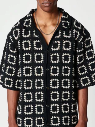 Boxy Fit Button Through Crochet Knit Shirt