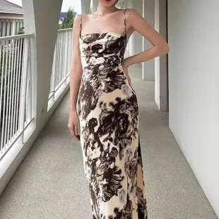 Femme Cradle - Spaghetti Strap Patterned Print Slit Maxi Sheath Dress