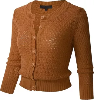 Women's Button Down 3/4 Sleeve Crewneck Cropped Knit Cardigan