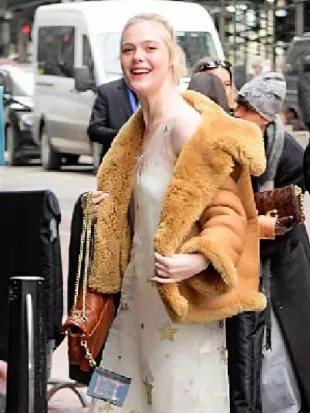Elle Fanning NYC 2026 Brown Fur Leather Jacket