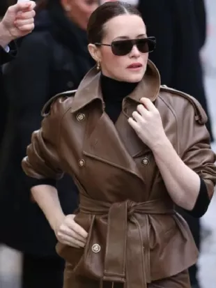 Claire Foy PFW 2026 Brown Leather Jacket