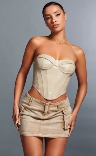 Bae Beige Cropped Faux Leather Corset Top