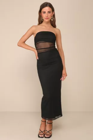 Utterly Attractive Black Mesh Ruched Strapless Midi Dress