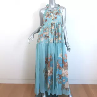 Tiered Maxi Dress Light Blue Floral Print Cotton Voile Size Medium