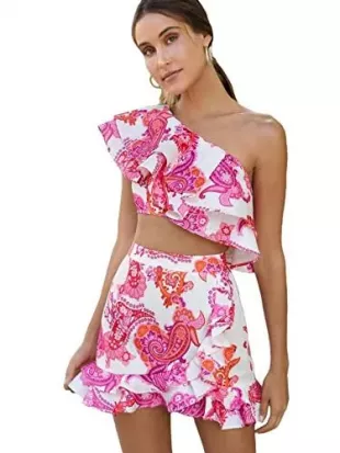 2 Piece Outfit One Shoulder Crop Top with Ruffle Trim Skirt Set