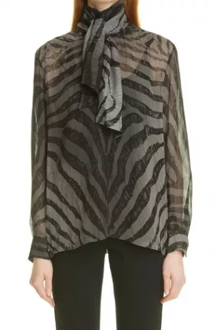 Tritone Animal Print Tie Neck Silk Zebra Scarfneck Blouse