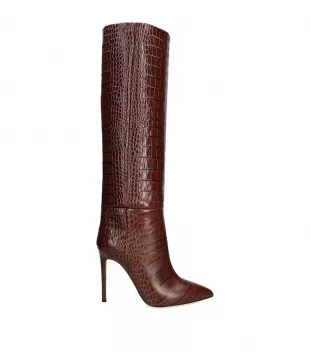 Brown Leather Croc-Print Stiletto Boot