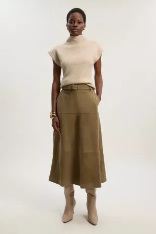 Suede Utility Belted Full Midi Skirt