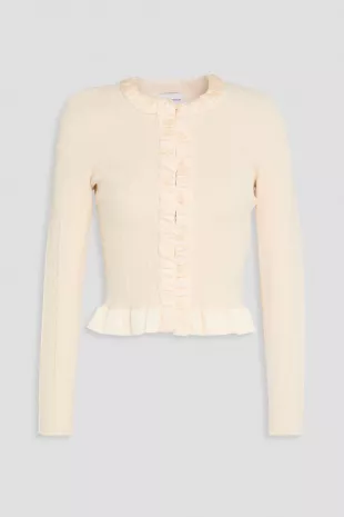 Ruffled Satin Trimmed Ribbed And Cable Knit Cardigan