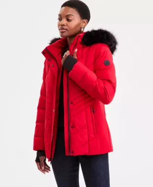 Faux-Fur-Trim Hooded Puffer Coat