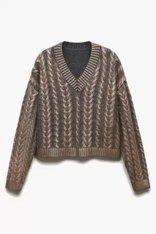 V Neck Foil Cable Knit Sweater