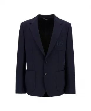 Blue Single-breasted Jacket With Tonal Dg Logo Embroidery
