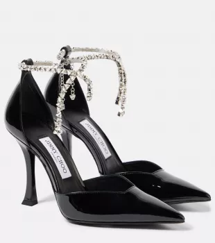 Black Patent Leather Pumps with Crystal Embellishment