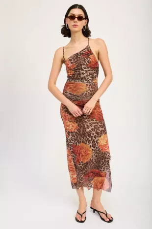 Cheetah And Rose Print Mesh One Shoulder Maxi Dress