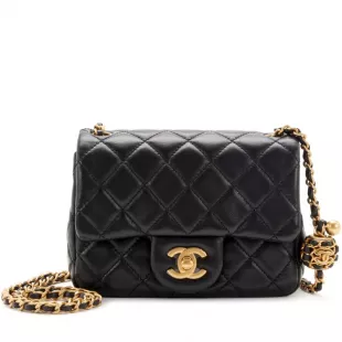 Black Quilted Lambskin Mini Square Pearl Crush Gold Hardware