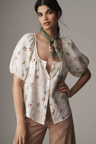 Scoop Neck Button Front Printed Blouse