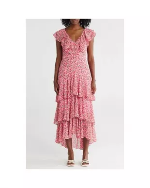Pink Floral Ruffle Tiered Dress