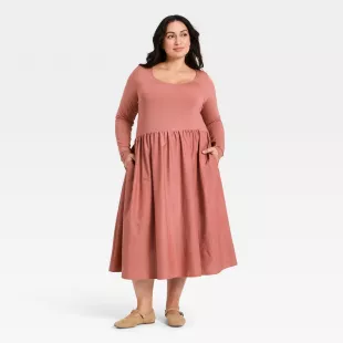 Long Sleeve Knit Midi A-Line Dress