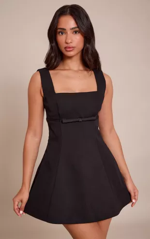 Petite Premium Black Woven Belt Detail Shift Dress