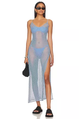 Blue Open Knit Cover Up Midi Dress.