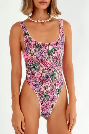 Purple Floral Embellished One Piece Swimsuit