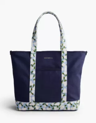 Navy Blue Floral Trim Canvas Tote Bag